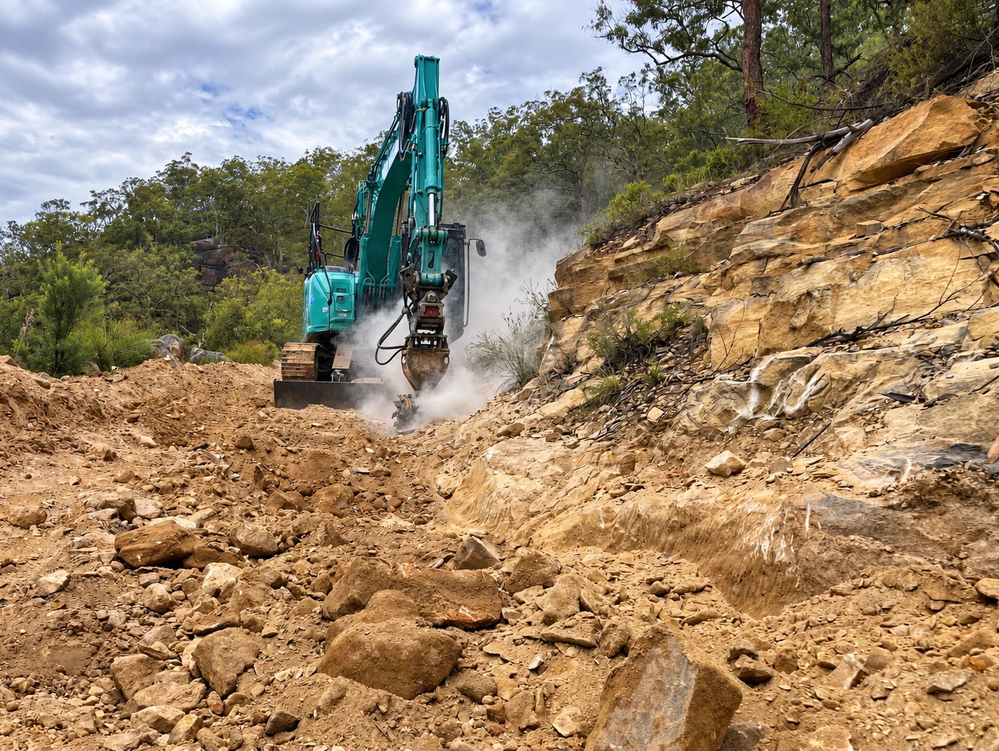 FIDES excavator working through sandstone beside native vegetation